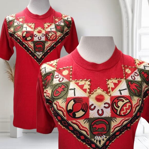 Vintage 80s Screen Stars Red Single Stitch Southwest Puffy Paint Tee USA Size S - Picture 2 of 12